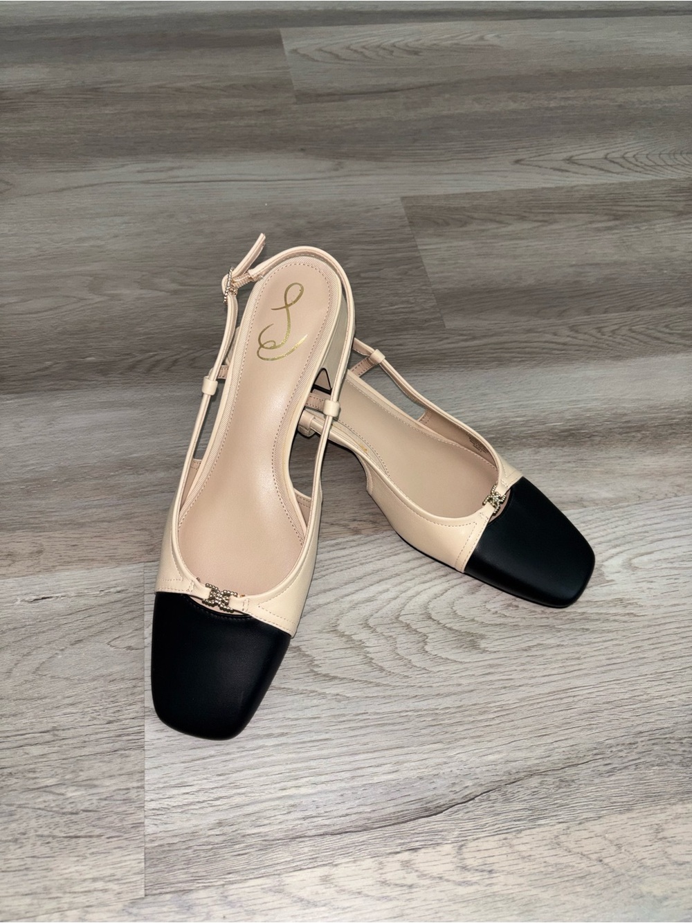 Sam Edelman Cream and Black Block Heel Slingback Sandals - Picture 4 of 5